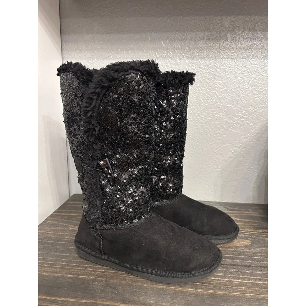y2k Black Sequin Fur Boots 2010's Youth size 4 Winter‎